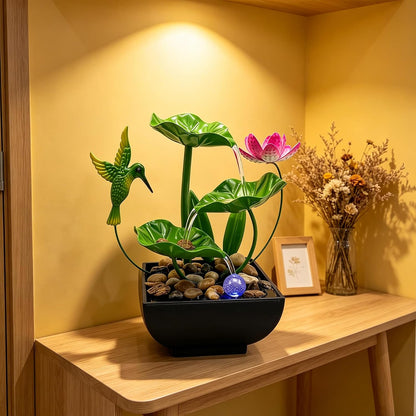 Tabletop Fountain,Indoor Water Fountain,Home Fengshui Décor Zen Relaxation Soothing Sound Machine for Office,Living Room,or Bedroom,Green Lotus,Hummingbird & Pink Flower,9.1inch