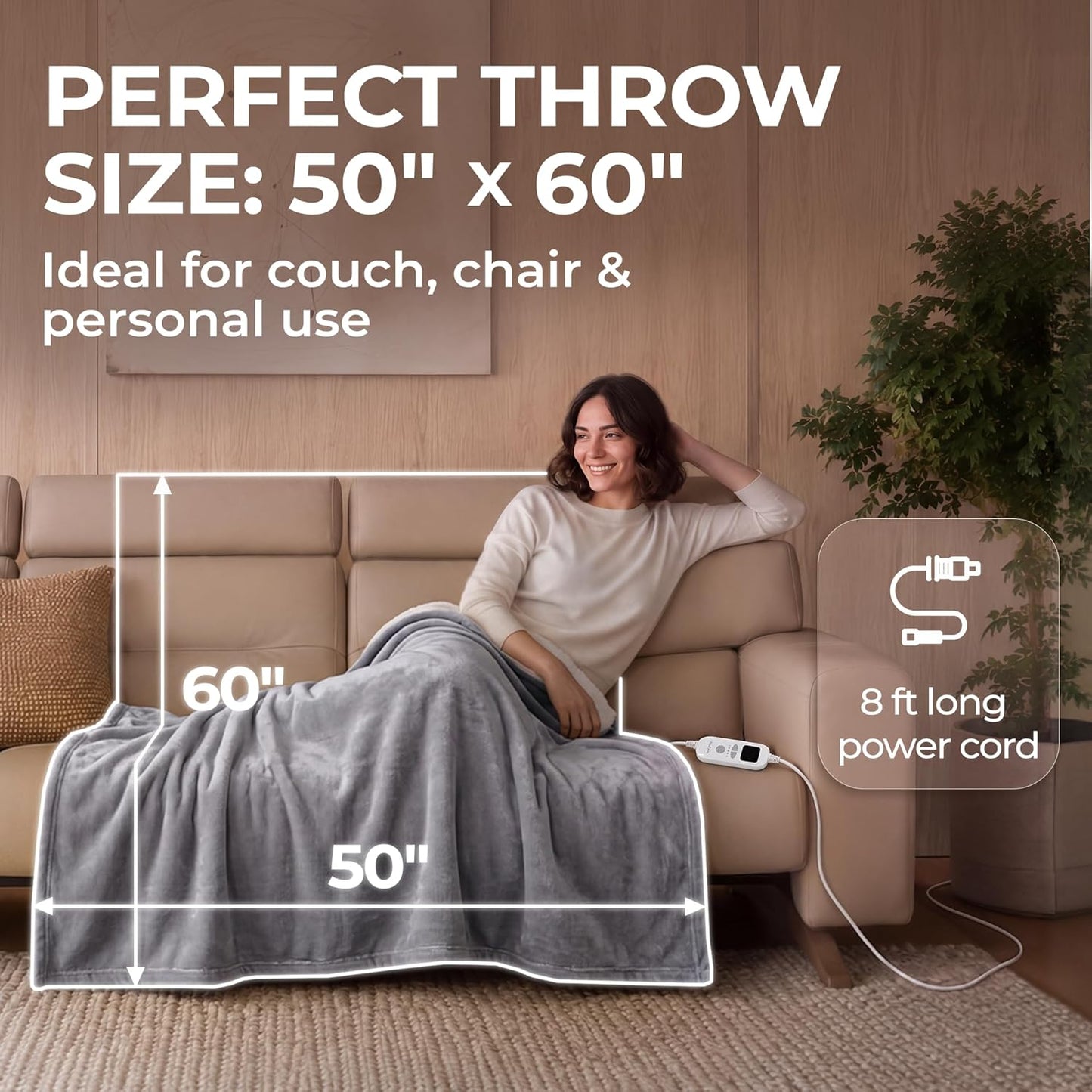 FILO ESTILO Electric Heated Throw Blanket 50"x60", 8ft Cord, 6 Heat Levels, Auto Shut Off, Machine Washable | Sherpa Heated Throw Blanket for Couch, Sofa & Bed Rapid Heating - Natural, Grey