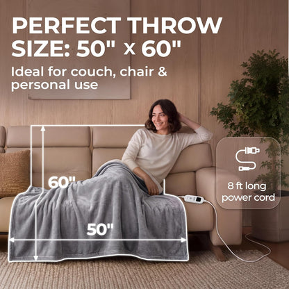 FILO ESTILO Electric Heated Throw Blanket 50"x60", 8ft Cord, 6 Heat Levels, Auto Shut Off, Machine Washable | Sherpa Heated Throw Blanket for Couch, Sofa & Bed Rapid Heating - Natural, Grey