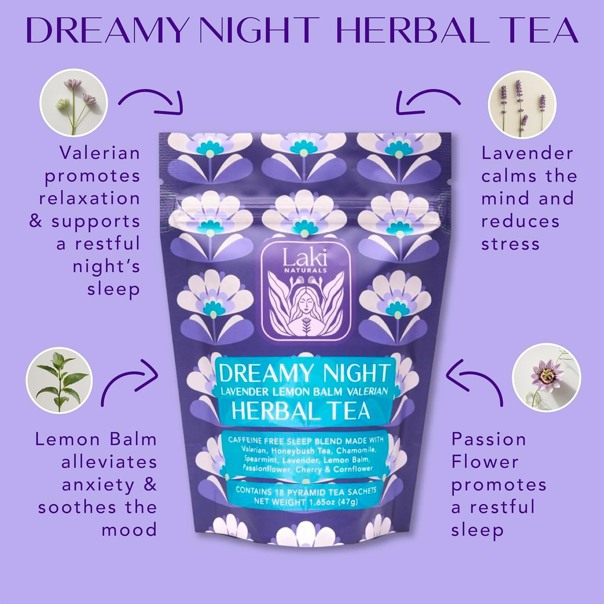 Laki Naturals Dreamy Night Herbal Sleep Tea, Chamomile, Valerian Root (18 Tea Bags)