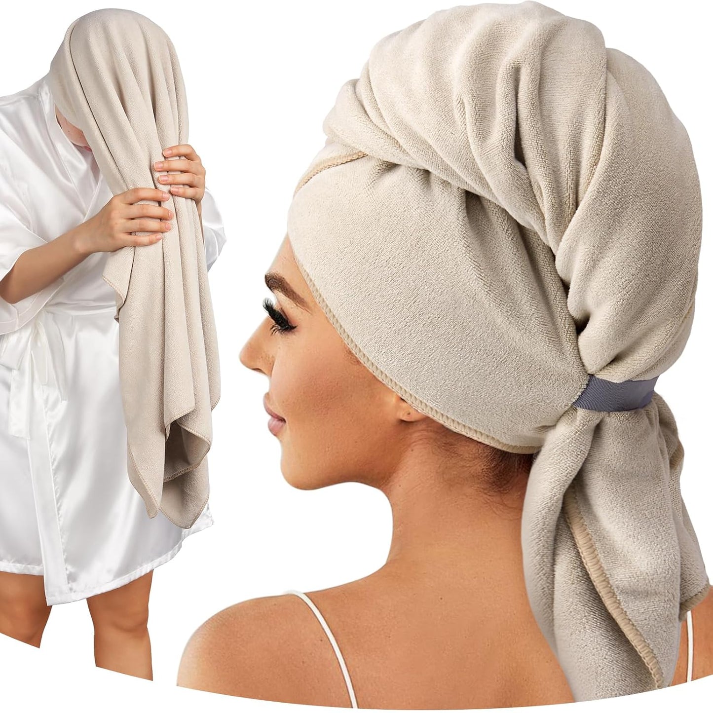 Umisleep 100% Microfiber Hair Towel, 41" x 22" Super Absorbent Towel Wrap with Elastic Loop, Large Curly Hair Towel for Women Long, Thick Hair, Camel