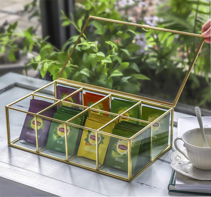 NCYP Glass Tea Bags Organizer with 5 Grids Compartments, Indoor Counter Top Brass Display Case with Lid, Storage Box, Gold, Decor, Teabag Storage, 14.5 x 3.6 x 3.66 Inches (Glass Box Only)