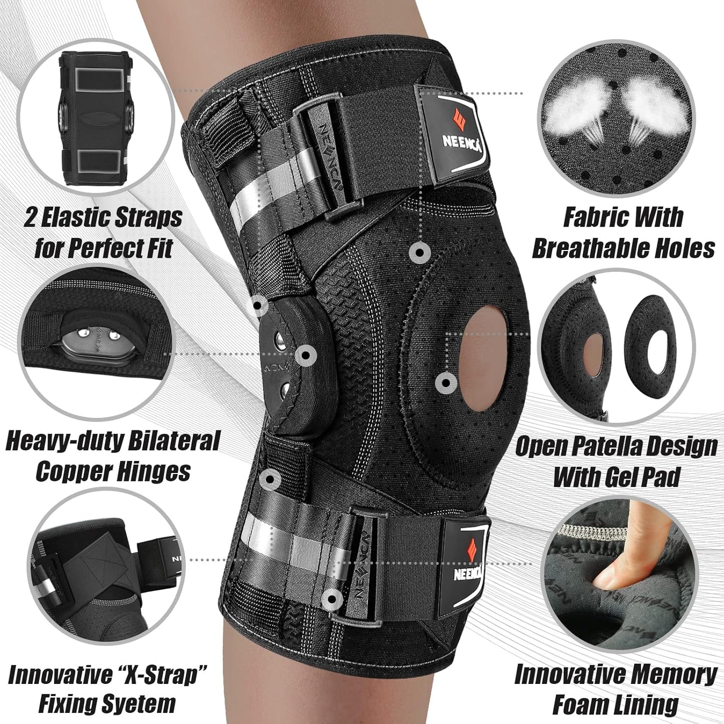 NEENCA Professional Knee Brace for Knee Pain, Hinged Knee Support with Patented X-Strap Fixing System, Medical for Pain Relief, Arthritis, Meniscus Tear, ACL, PCL, MCL, Runner, Sport