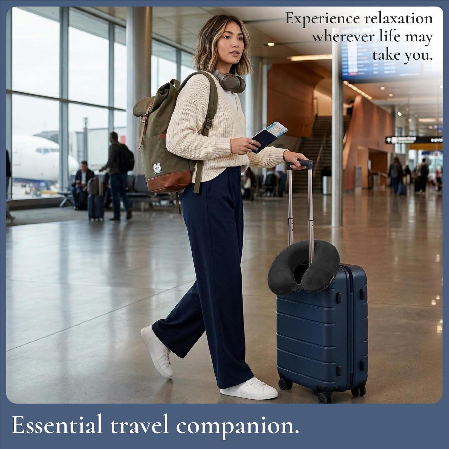 Brookstone Travel Neck Pillow - Lightweight U-Shaped Memory Foam Travel Pillow for Airplane, Car Travels & Sleeping, Blue