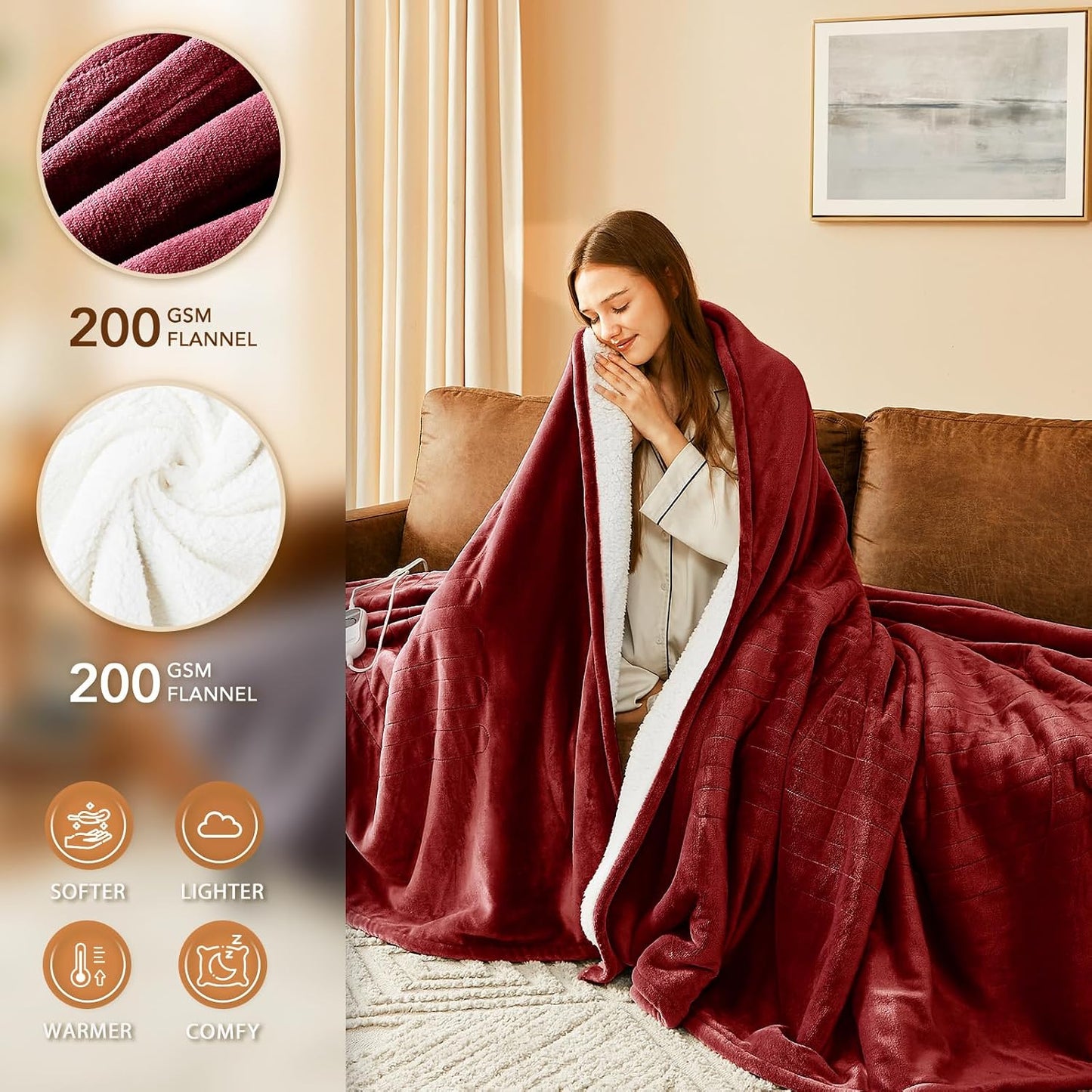 Homemate Electric Heated Blanket Twin - 62"x84" Heating Bed Blankets Throw with 10 Heating Levels 8 Hours Auto Off Fast Heating Over-Heated Protection Ultra Soft Warm Flannel ETL Certified Grey - Colors B