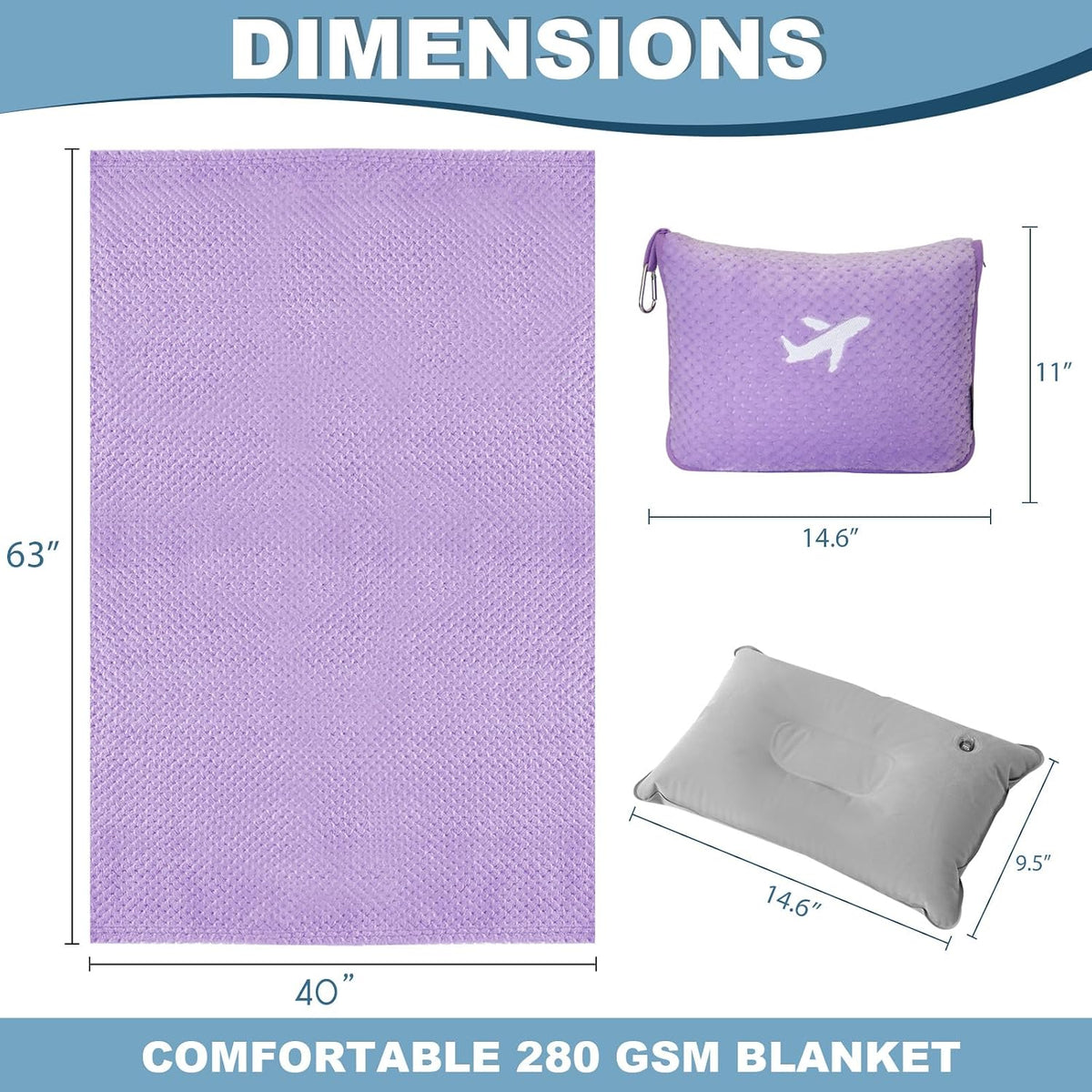 Travel Blanket Airplane Compact with Bag, Travel Essentials 3 in 1 Packable Airplane Blanket, Travel Pillow and Blanket Set, Inflatable Pillow, Luggage Sleeve & Backpack Clip (Light Grey)