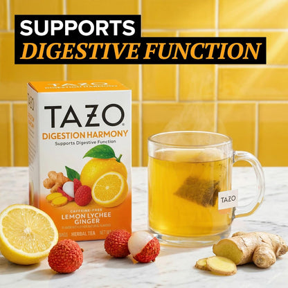 Tazo Digestion Harmony Herbal Tea Bags, Lemon Ginger Lychee, 16ct, 6-Pack