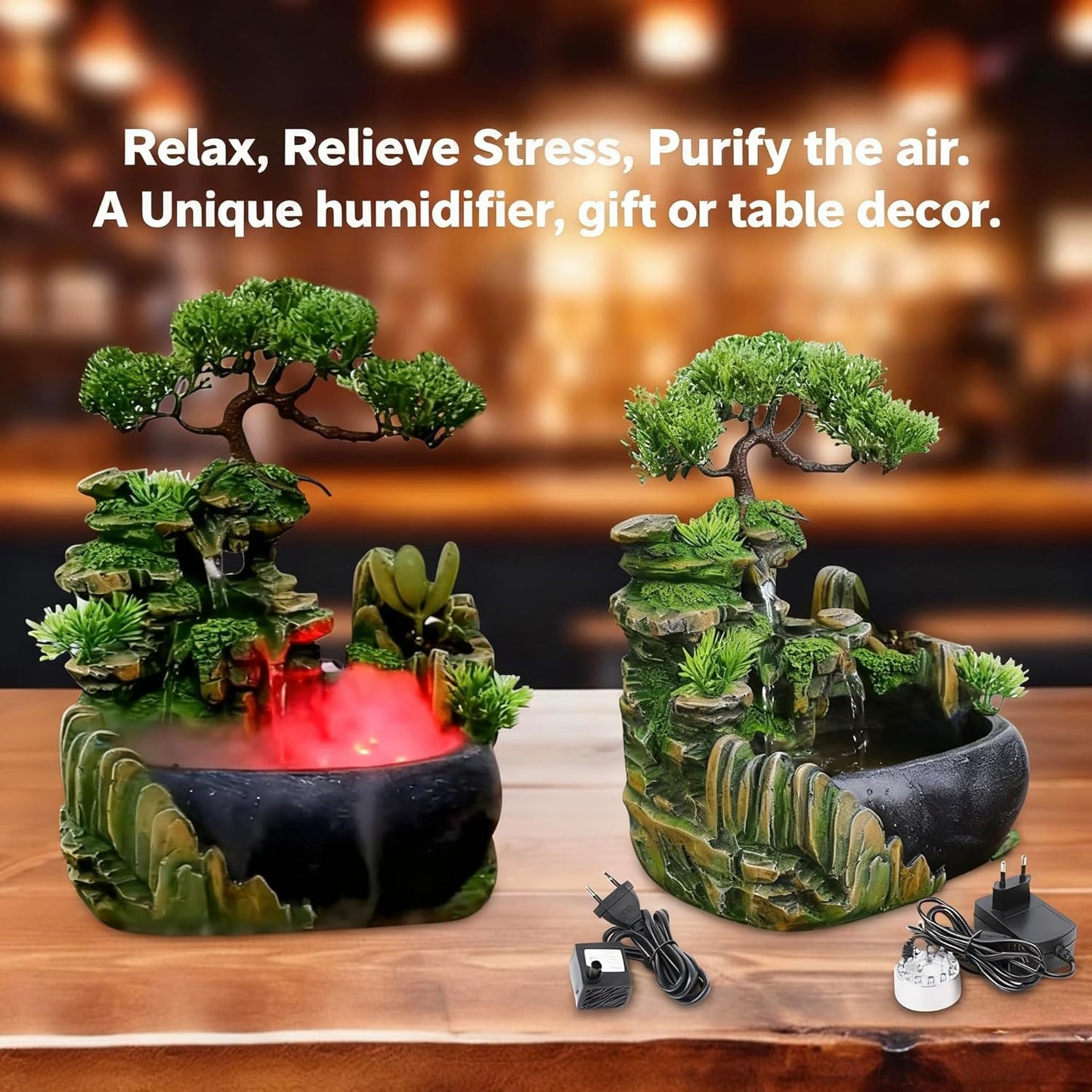 Mini Artificial Bonsai Tree Waterfall Fog Feature Rock Tabletop Fountain | 11in Desktop Decor Waterfall Fountain W/ Water Pump& Atomizer&LED Lights &Fake Tree Office Bedroom Relax