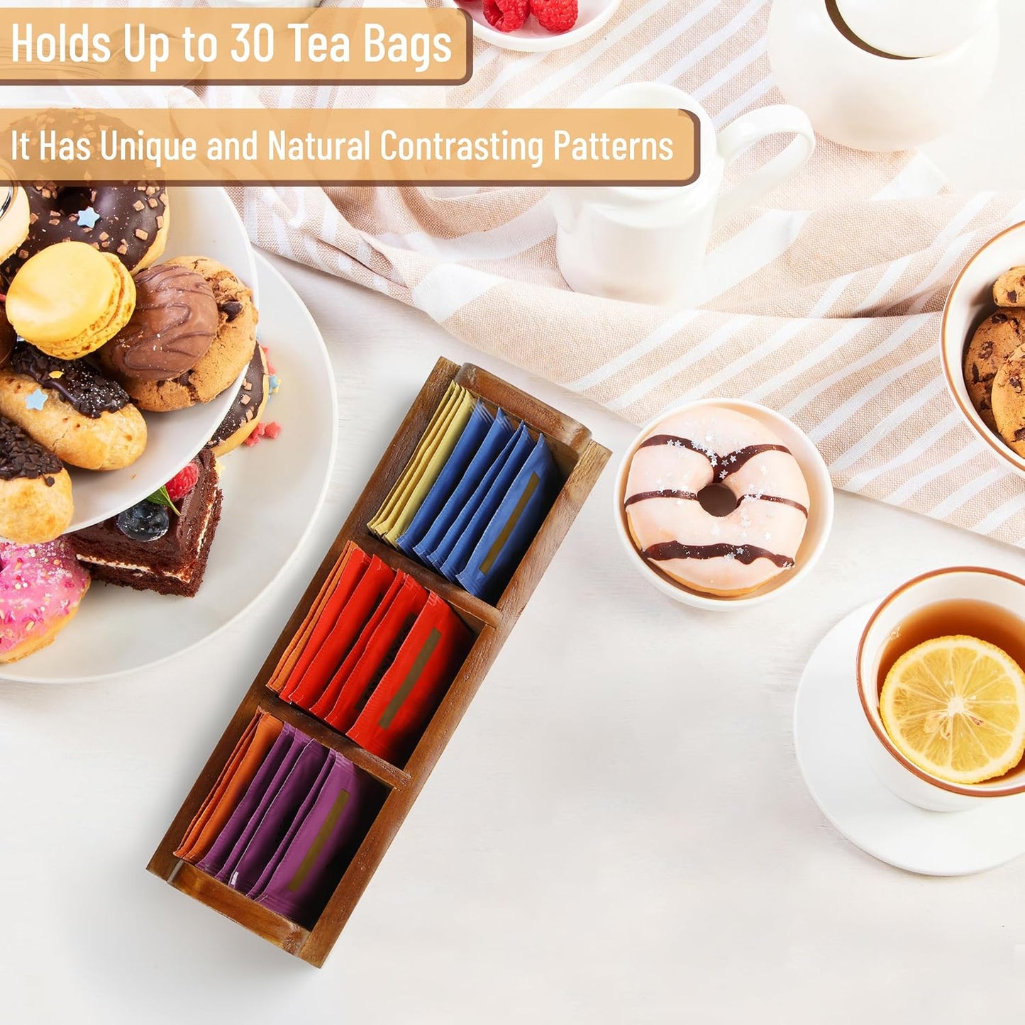 BAMBOO LAND- Small Wooden Tea Bag Organizer, 3 Slot Small Wooden Tea Bag Holder for Countertop, Storage Caddy Box for Tea Packets, Sugar Packet Holder, Kitchen Accessory for Home, Office, Coffee Bar