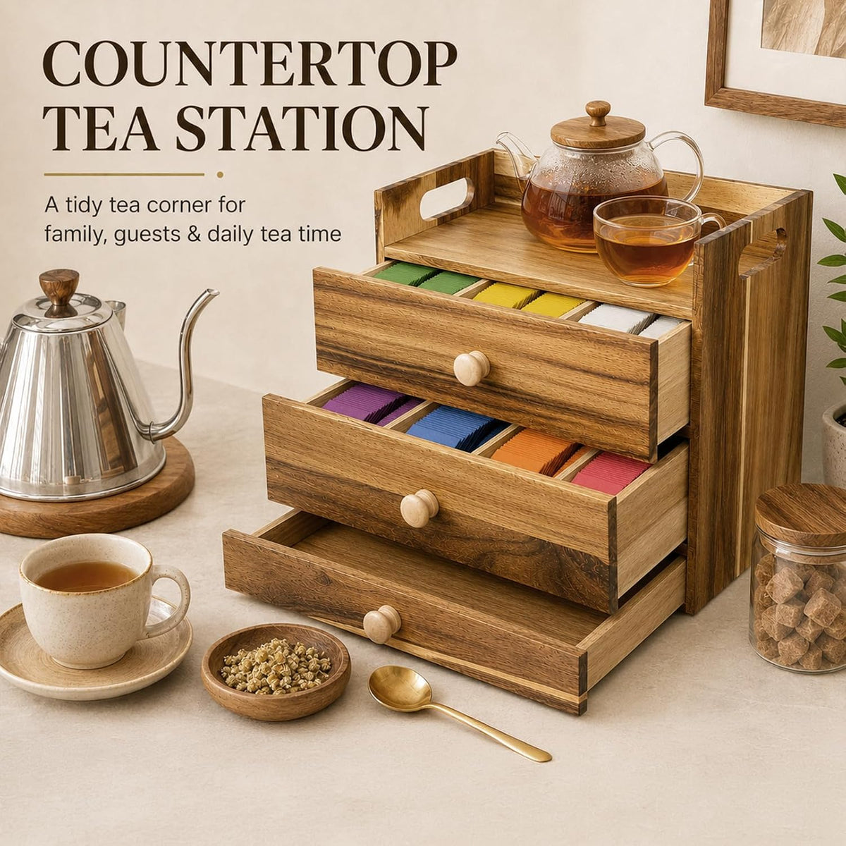 Acacia Wood Tea Bag Organizer, 3-Tier Tea Organizers with 14 Compartments