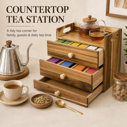 Acacia Wood Tea Bag Organizer, 3-Tier Tea Organizers with 14 Compartments