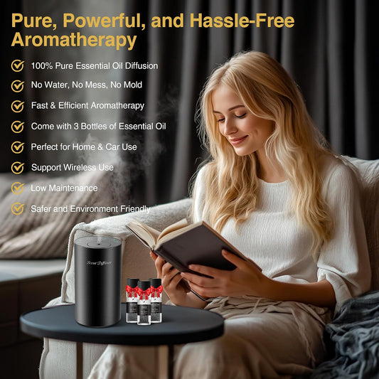 Waterless Essential Oil Diffuser Starter Kit - No Water Needed, Battery Operated Mini Scent Air Machine, Included 3x20ML Essential Oils, Portable Aromatherapy Diffuser for Home & Car & Office, Black