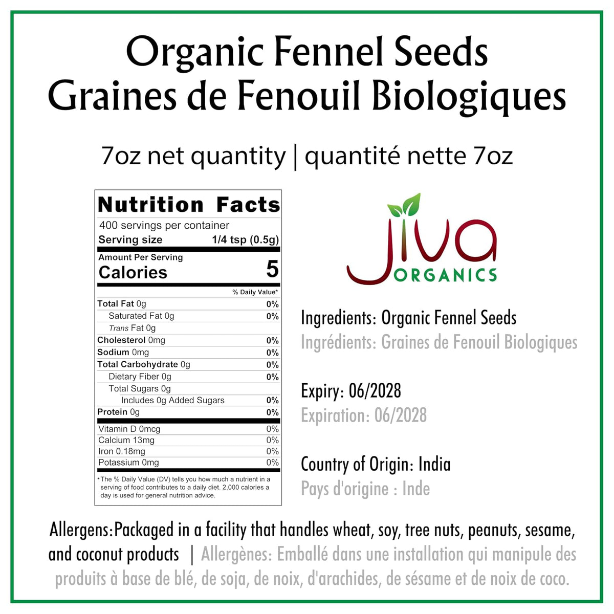 Organic Fennel Seeds 1.75 LB LARGE Bulk Bag - Gluten Free, Non GMO, For Fennel Tea and Cooking - Non Irradiated by Jiva Organics
