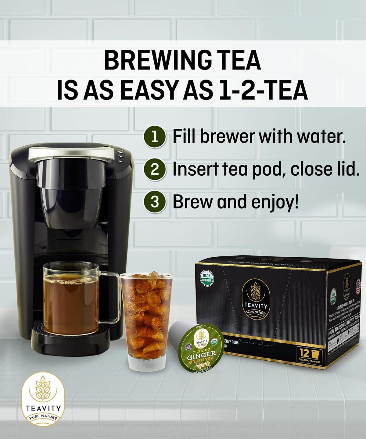 Green Tea & Ginger Tea Pods for Keurig - Caffeinated, Organic, Dye Free, Unsweetened, Herbal Blend for K Cup Machines - Hot or Iced (12 Tea Pods)