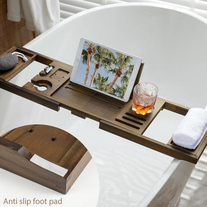 Bamboo Bathtub Tray Caddy - Splash-Proof Adjustable (28.5-40") with Wine Holder, Tablet Stand & Non-Slip Grip | Spa-Grade Organizer for Bath Essentials & Reading- Walnut