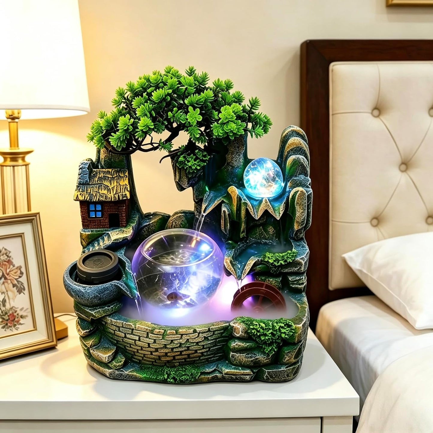Mini Artificial Bonsai Tree Waterfall Fog Feature Rock Tabletop Fountain | 11in Desktop Decor Waterfall Fountain W/ Water Pump& Atomizer&LED Lights &Fake Tree Office Bedroom Relax