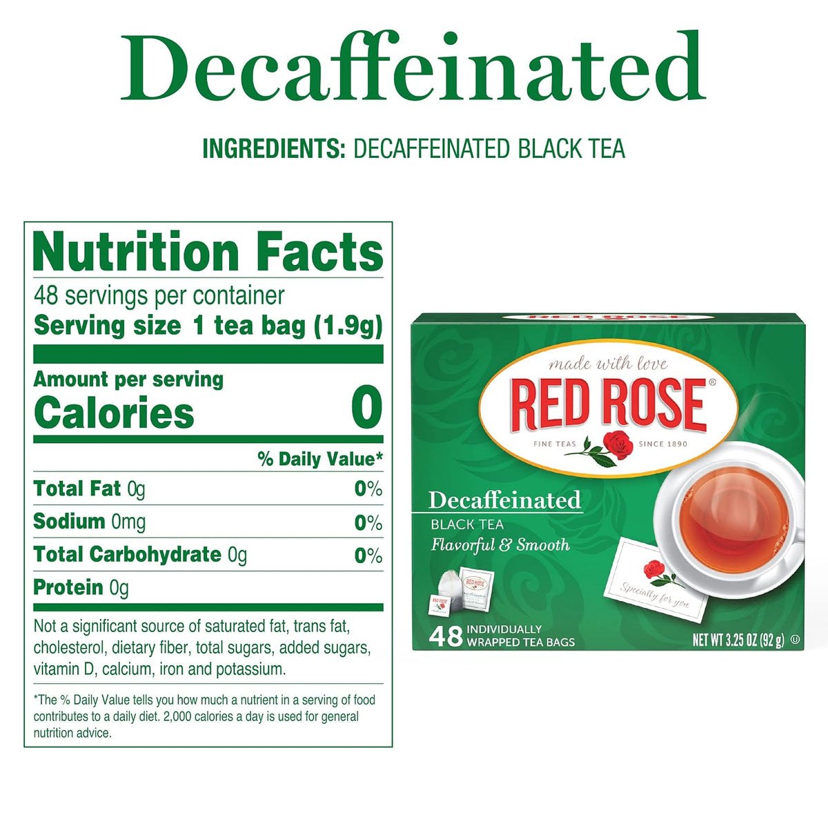 Red Rose Decaffeinated Black Tea, Smooth & Flavorful, 48 Tea Bags 2 Pack