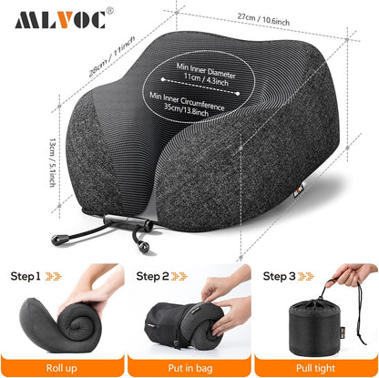 MLVOC Neck Pillow for Traveling, Upgraded 100% Pure Memory Foam Travel Neck Pillow for Airplane Flight Sleep, Breathable & Machine Washable Cover, Travel Kit with 3D Eye Mask, Earplugs & Bag, Black