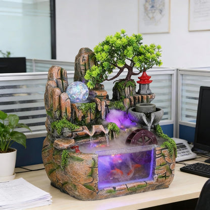 Mini Artificial Bonsai Tree Waterfall Fog Feature Rock Tabletop Fountain | 11in Desktop Decor Waterfall Fountain W/ Water Pump& Atomizer&LED Lights &Fake Tree Office Bedroom Relax