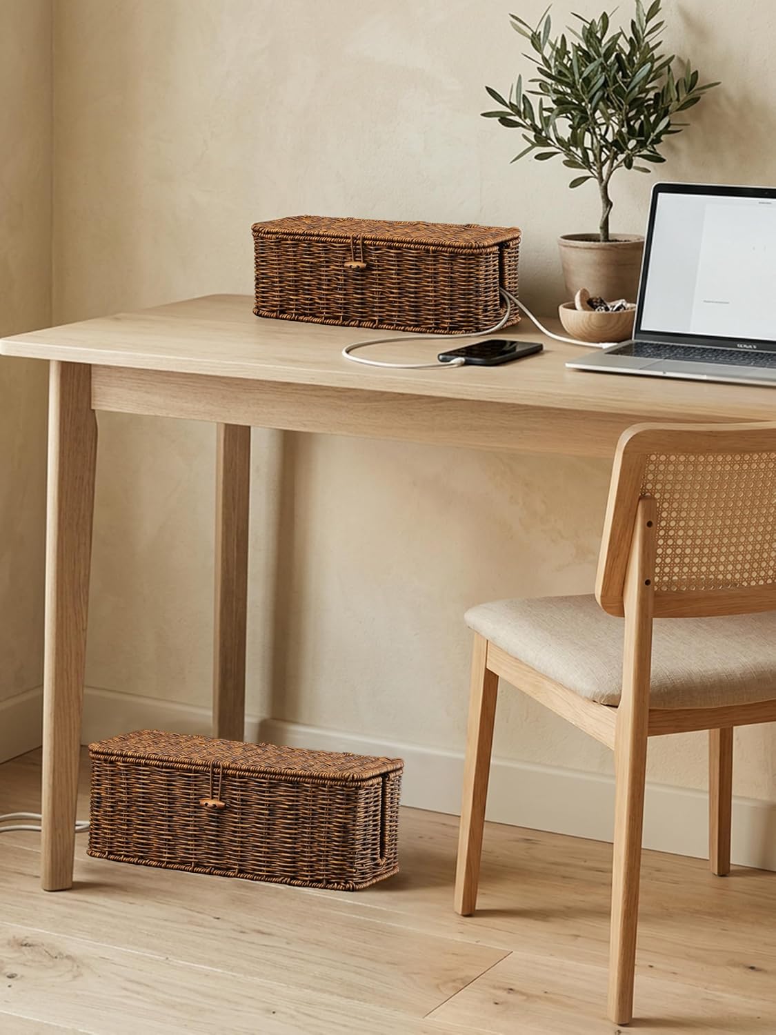 Cable Management Box, Cord Organizer with Lid & Cable Ties - Brown, L