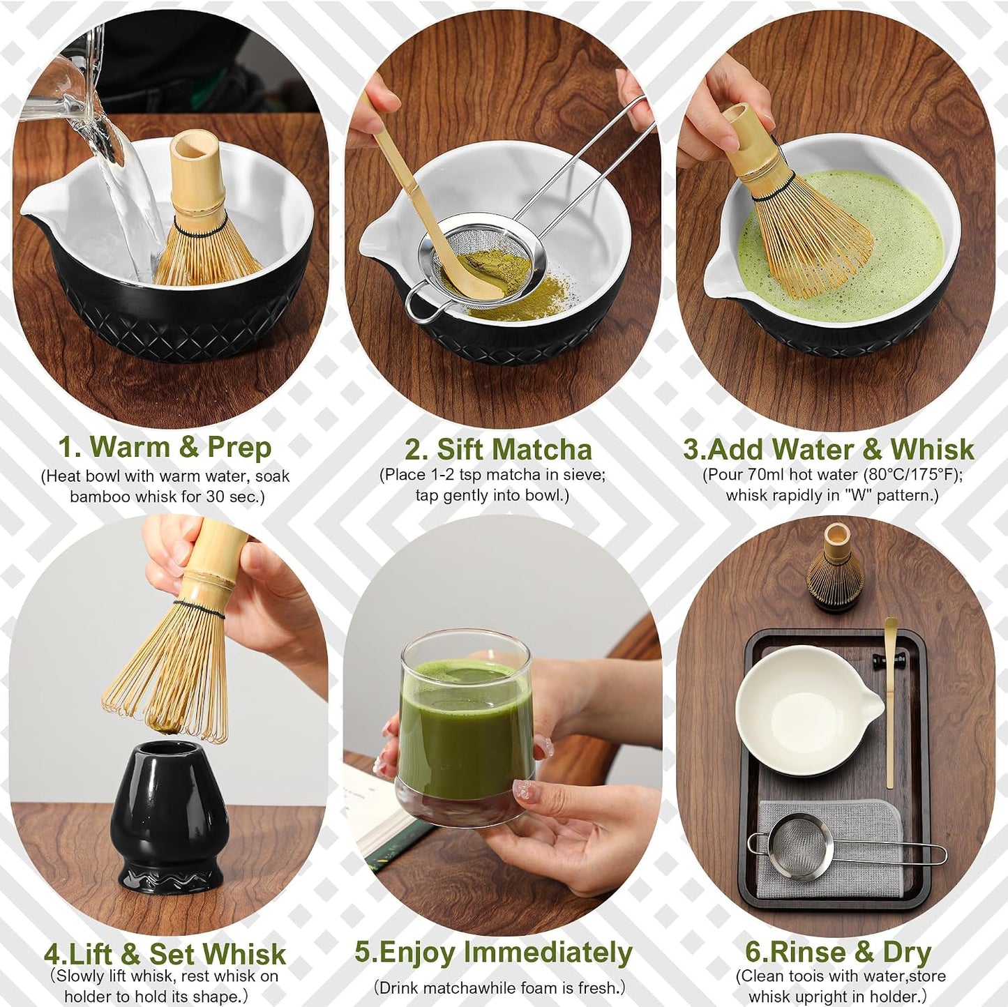 Matcha Whisk Set, 7 Pcs Matcha Kit, Ceramic Matcha Set Includes Matcha Bowl with Spout, Matcha Whisk and Holder, Bamboo Scoop, Scoop Rest, Sifter and Tea Towel (Ceramic White)