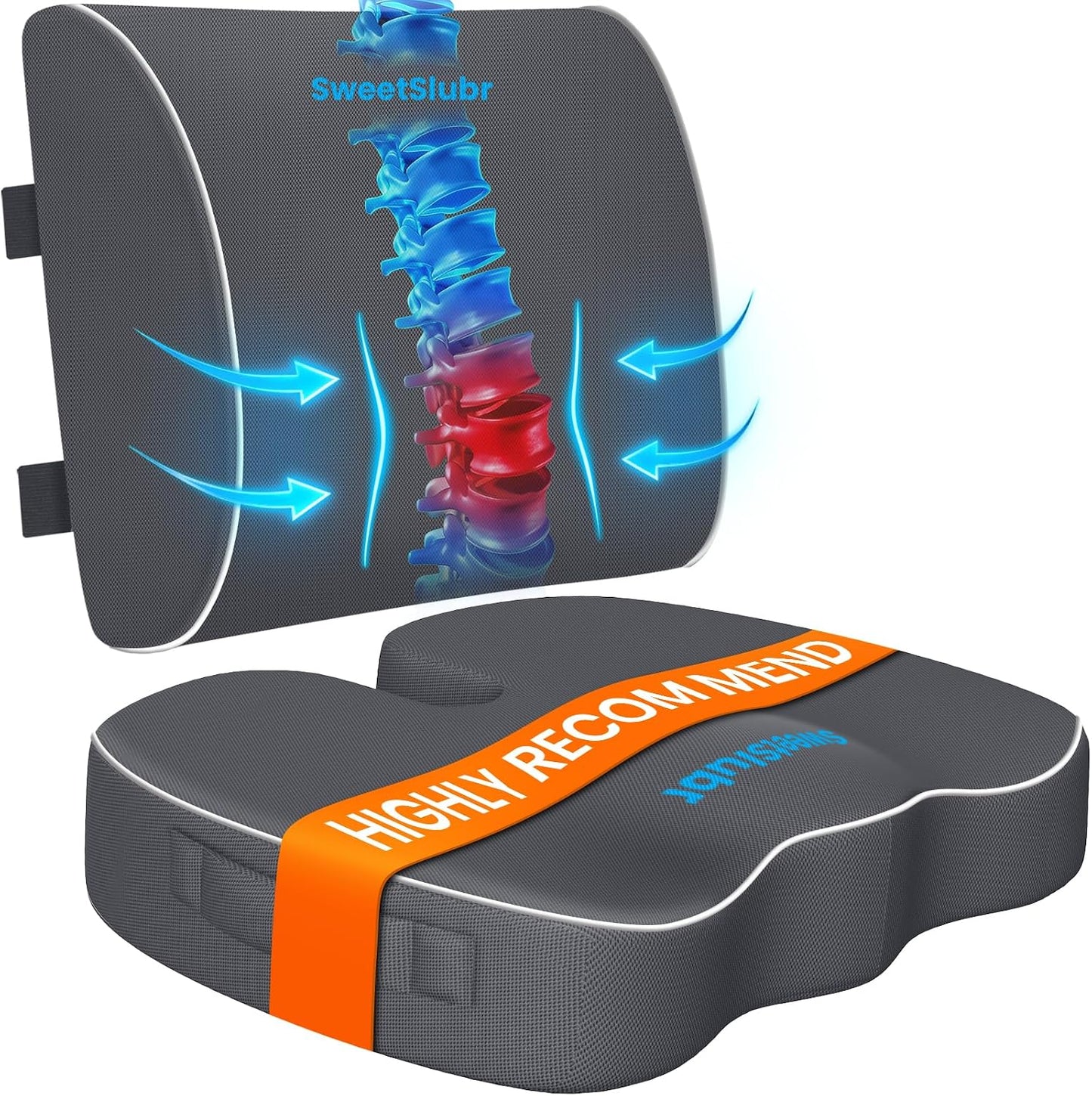 SweetSlubr Ergonomic Memory Foam Seat Cushion & Lumbar Support Pillow Set, Orthopedic Coccyx Cushion for Office Chair, Car, Home – Relieves Back, Sciatica & Tailbone Pain, Improves Posture Black/Large