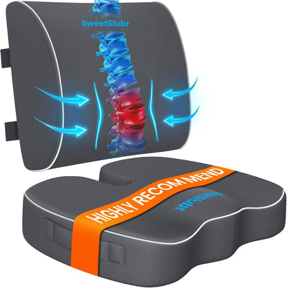 SweetSlubr Ergonomic Memory Foam Seat Cushion & Lumbar Support Pillow Set, Orthopedic Coccyx Cushion for Office Chair, Car, Home – Relieves Back, Sciatica & Tailbone Pain, Improves Posture Black/Large