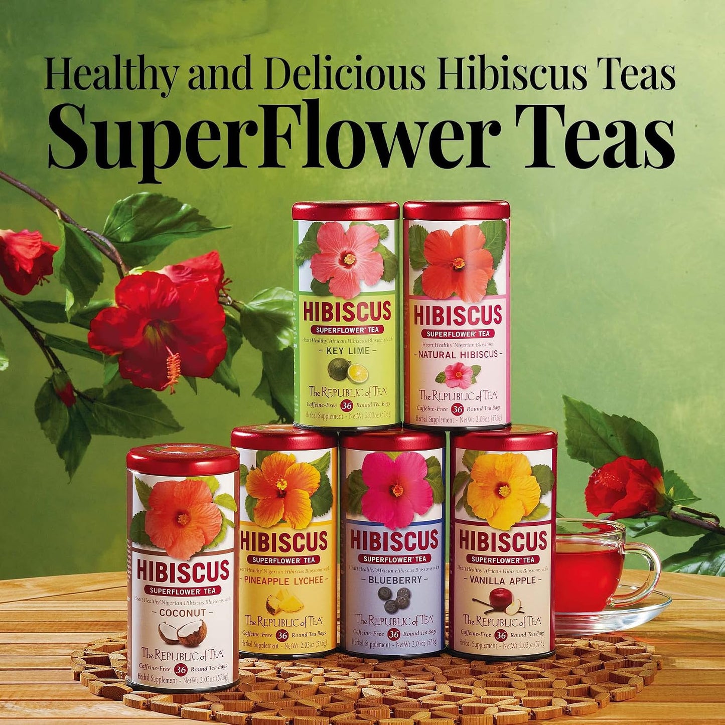 The Republic of Tea – Natural Hibiscus Tea, 36 Tea Bags, Herbal Blend, Caffeine Free, Gluten Free