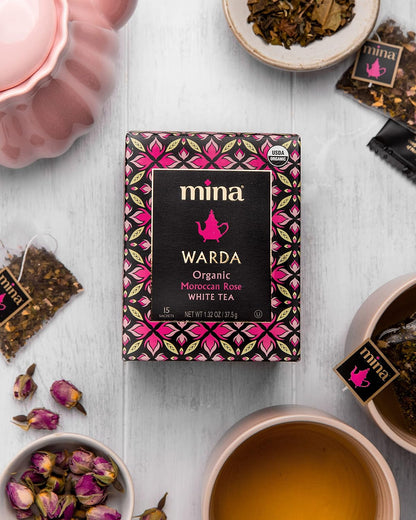 Mina Warda Organic Moroccan Rose White Tea, 15 Biodegradable Sachets - Rose Tea Bags, White Tea with Moroccan Rose Petals, Organic White Tea Bags, Low Caffeine Tea
