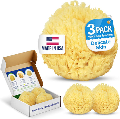 Baby Buddy Natural Wool Sea Sponge, Newborn Bath Time Essential, Ultra Soft for Delicate Skin, Hypoallergenic and Biodegradable, 2 Pack