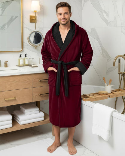 NY Threads Mens Robe with Hood, Luxury Plush Fleece Hooded Mens Bathrobe, Spa Bath Robe for Men