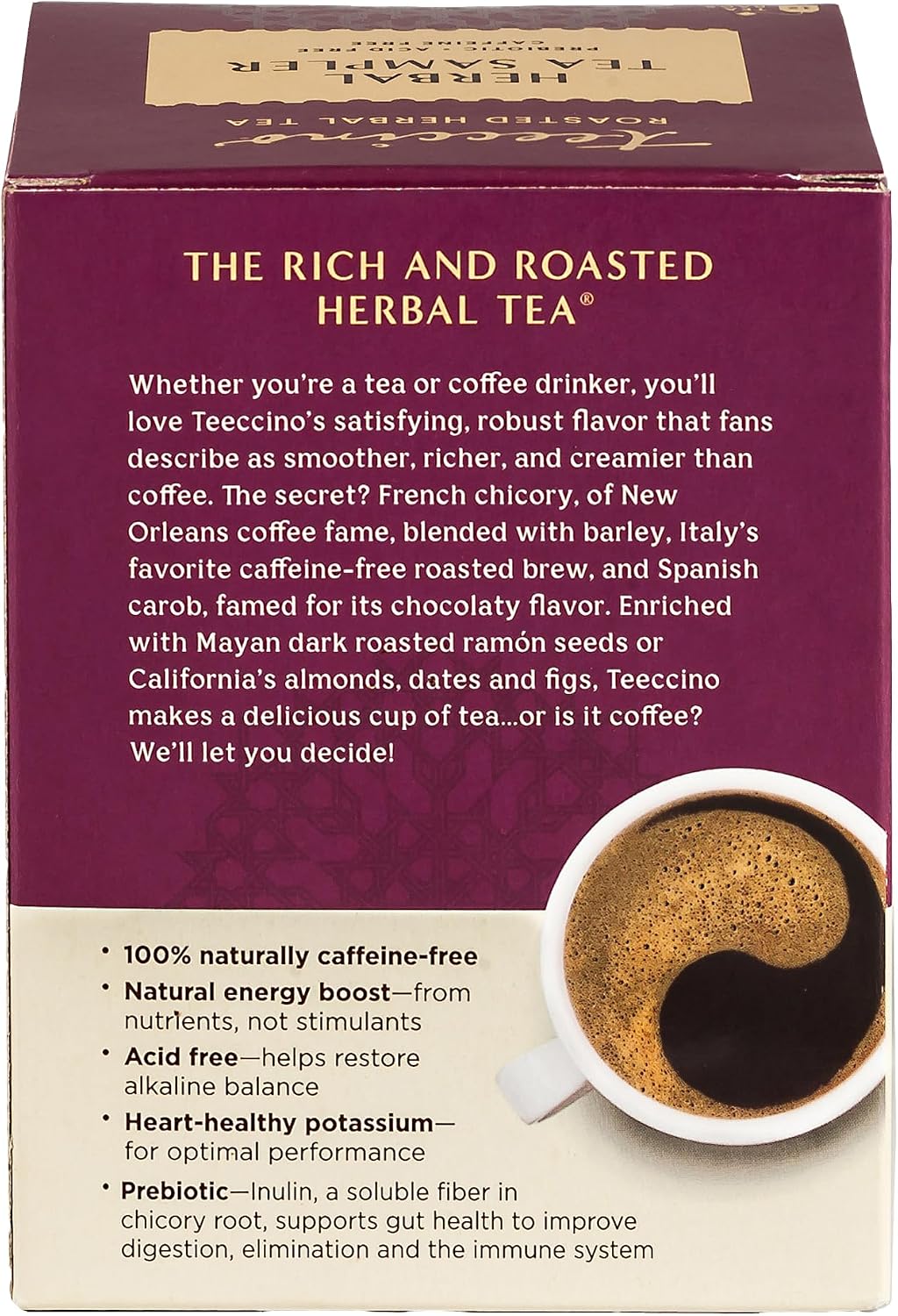 Teeccino Herbal Tea Sampler Assortment - 12 Tea Bags - Maca Chocolaté, French Roast, Hazelnut, Vanilla Nut - Roasted Caffeine Free Herbal Tea, Prebiotic for Natural Energy