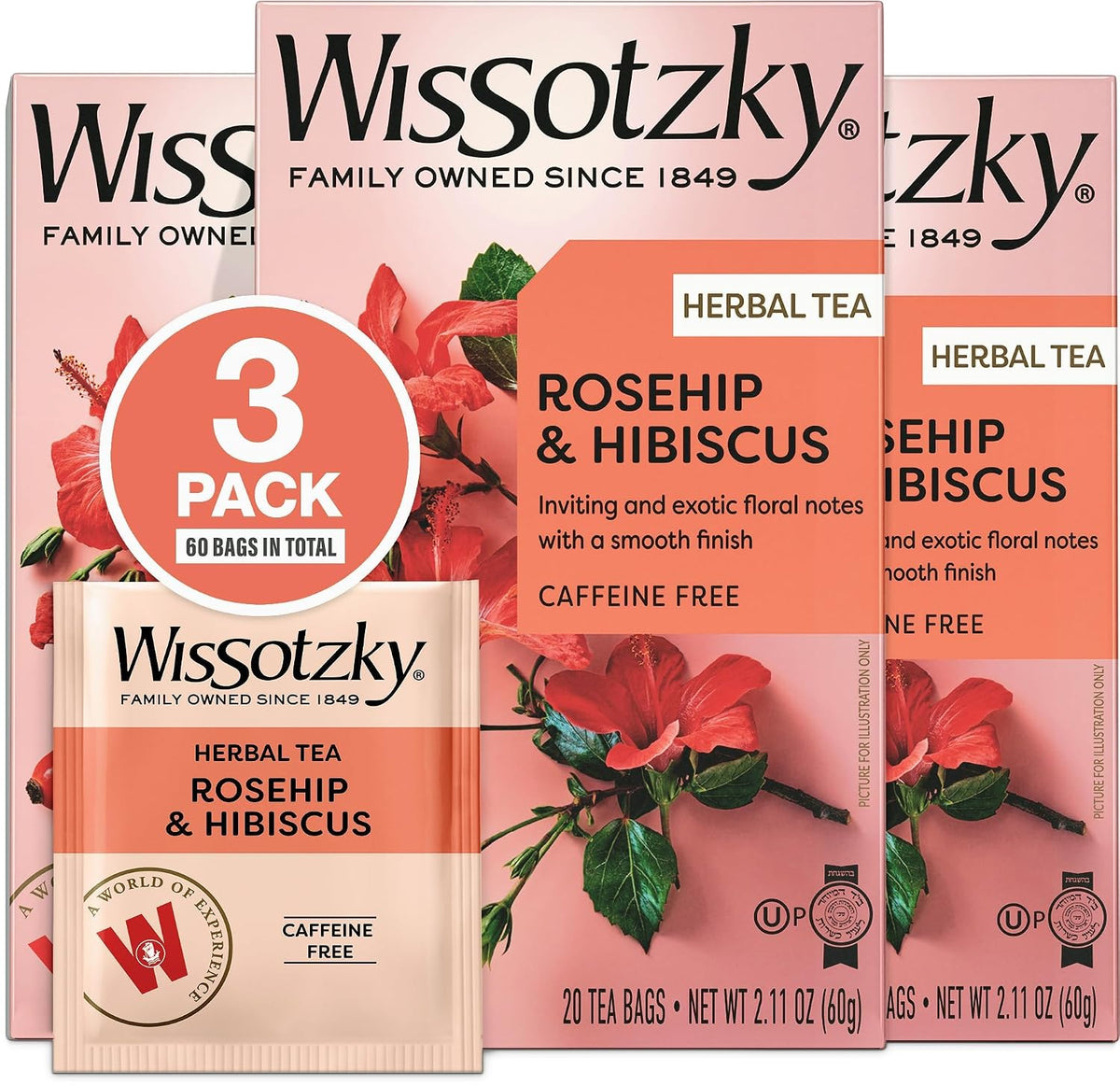Wissotzky Rosehip & Hibiscus Herbal Tea (3 Pack - 60 Tea Bags) | Exotic Blend | Caffeine Free Tea | Immune Boost