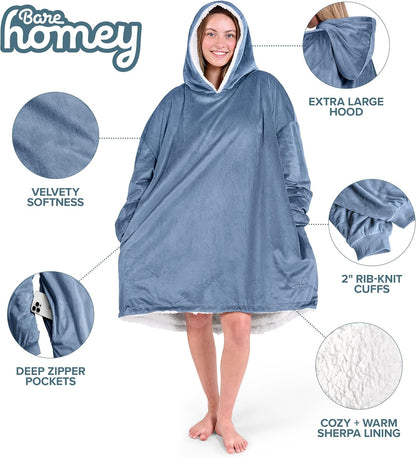 Bare Home Wearable Blanket Hoodie - Soft Plush Sherpa - Warm and Cozy - Oversized Wearable Blanket