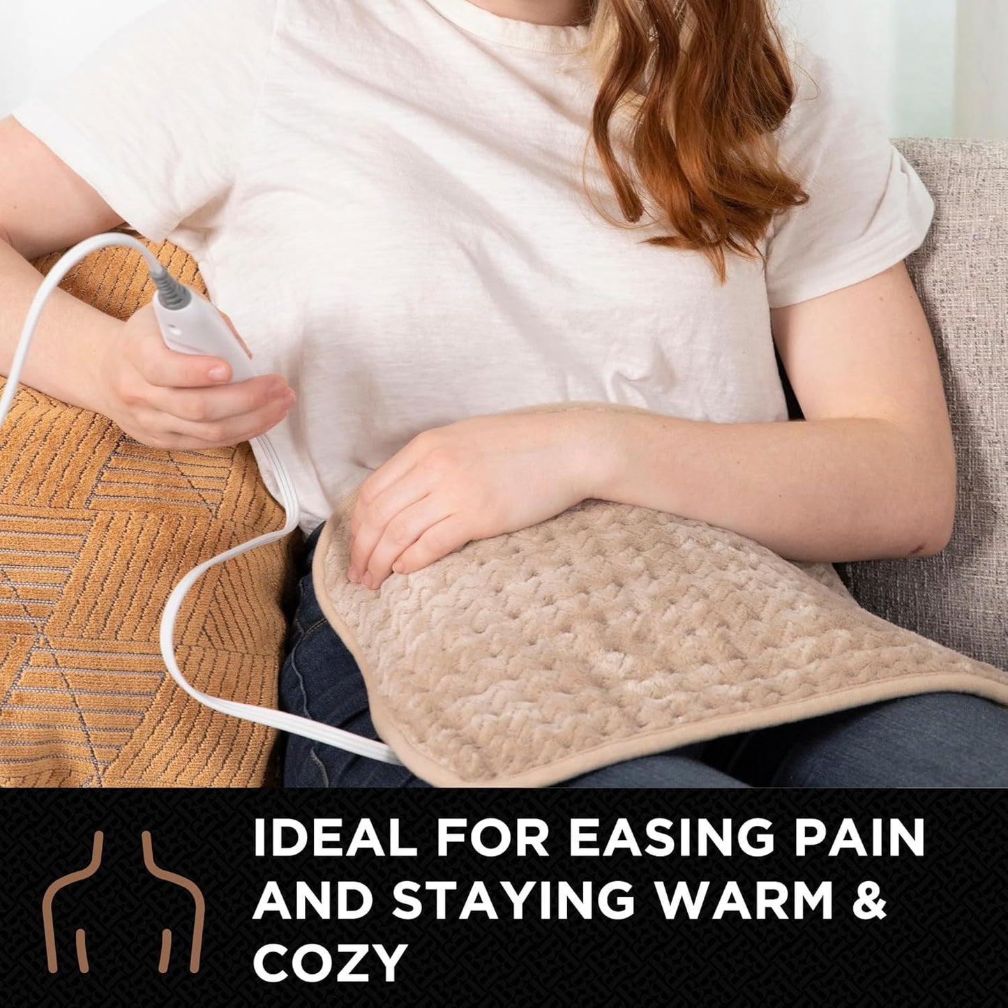 Brookstone Herringbone Portable Heating Pad - Super Soft Plush, 6 Heat Settings, Machine Washable, Easy-to-Use Controller, 16'' x 12'' for Pain Relief, Period Cramps, Warmth (Gray)