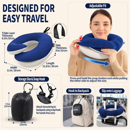 BUYUE Travel Neck Pillows for Airplanes, Memory Foam 360° Head Support Sleep for Long Flight, Skin-Friendly & Breathable, Kit with Eye Mask, Earplugs and Storage Bag (Adult, Grey, 90+ lbs)