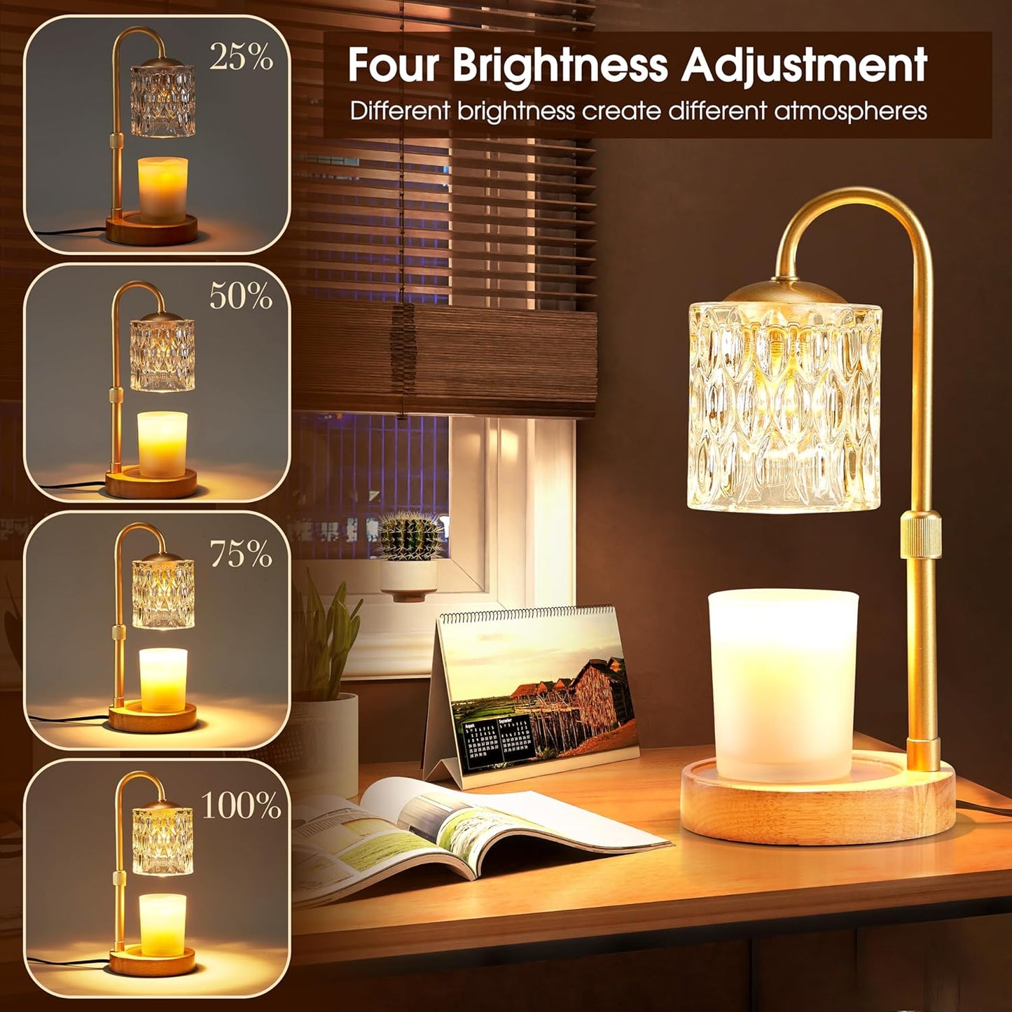 Briever Dimmable Candle Warmer Lamp with Timer, Height Adjustable Electric Candle Wax Warmer, Christmas Birthday Gifts for Women Mom, House Warming Gifts New Home Room Decor, Walnut Solid Wood Base