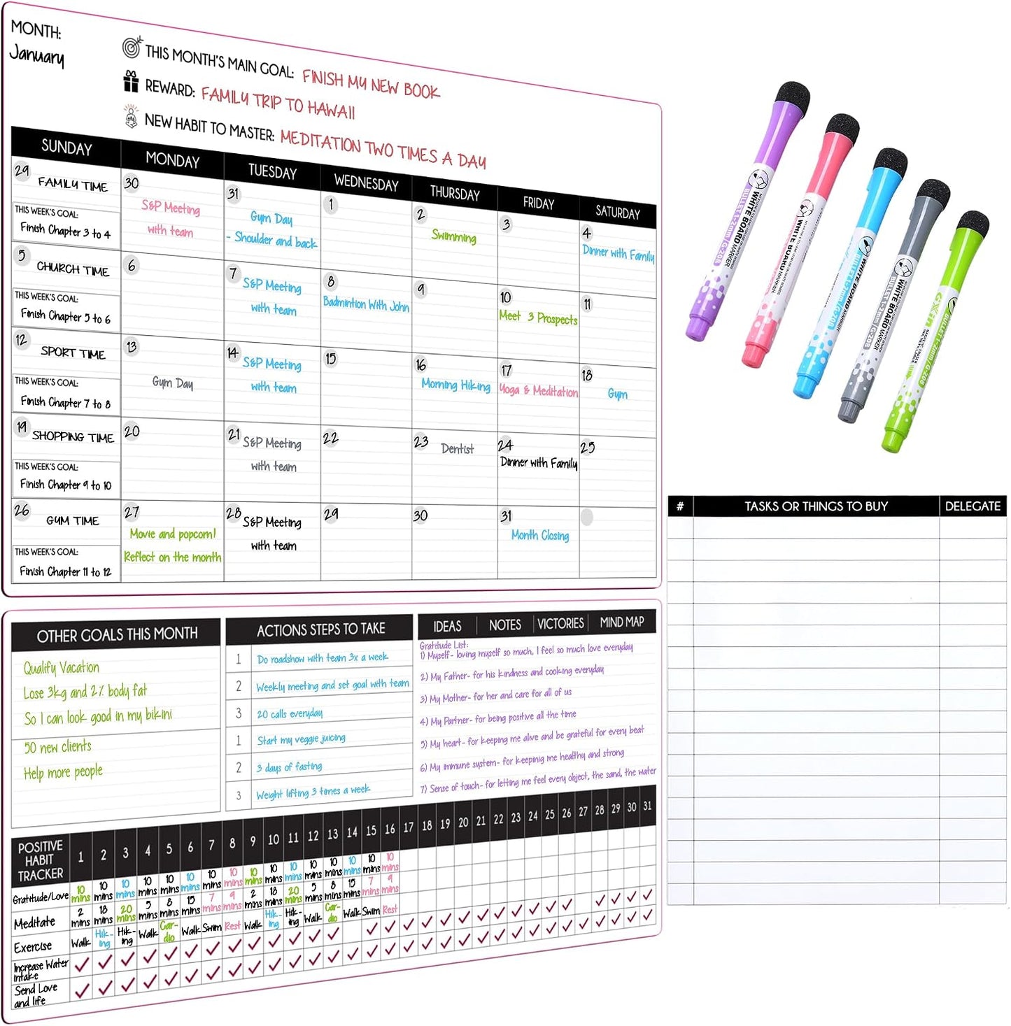 Magnetic Whiteboard for Fridge - Large Dry Erase Calendar for Wall | 2 Magnetic Dry Erase Board 10.5" x 16.5" & 7" x 16.5", Monthly Goal Setting & Habit Tracker, 5 Markers and 6 Adhesive Hooks