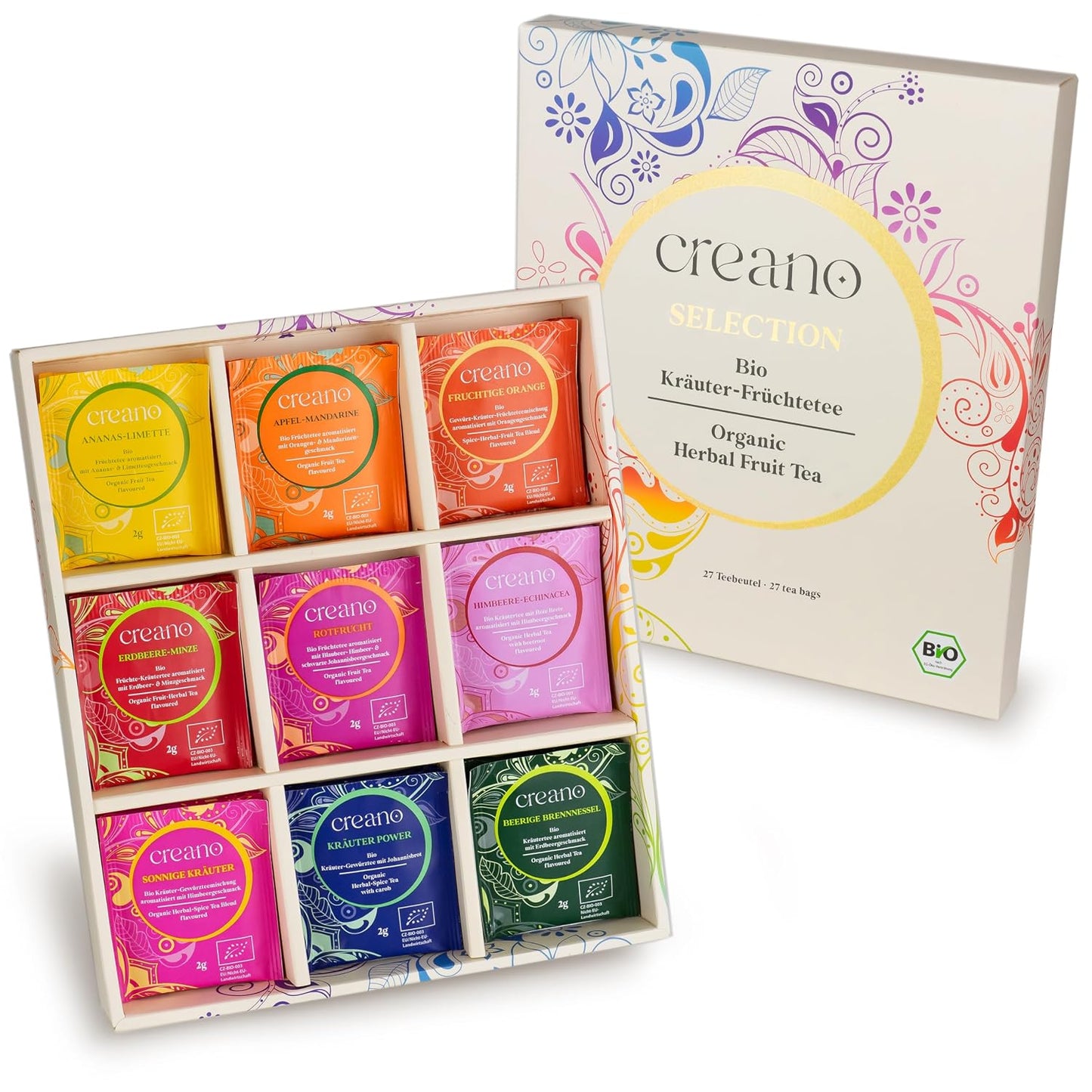 Creano Organic Herbal Tea Sampler Gift Set - Tea Gift Box - 27 Organic Tea Bags in 9 Different Varieties 54 g