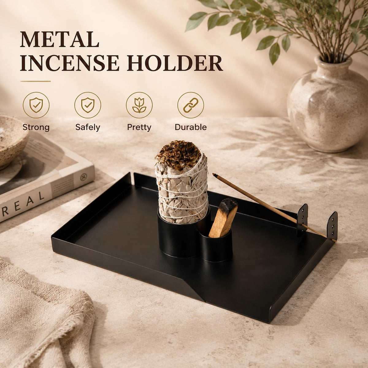 4 in 1 Incense Holder, Sage Burner Holder, Palo Santo Holder Burner, 5.47" Ash Catch Tray, Smudge Stick Holder with Handle for Incense Sticks Incense Cone, Yoga Meditation and Room Decor