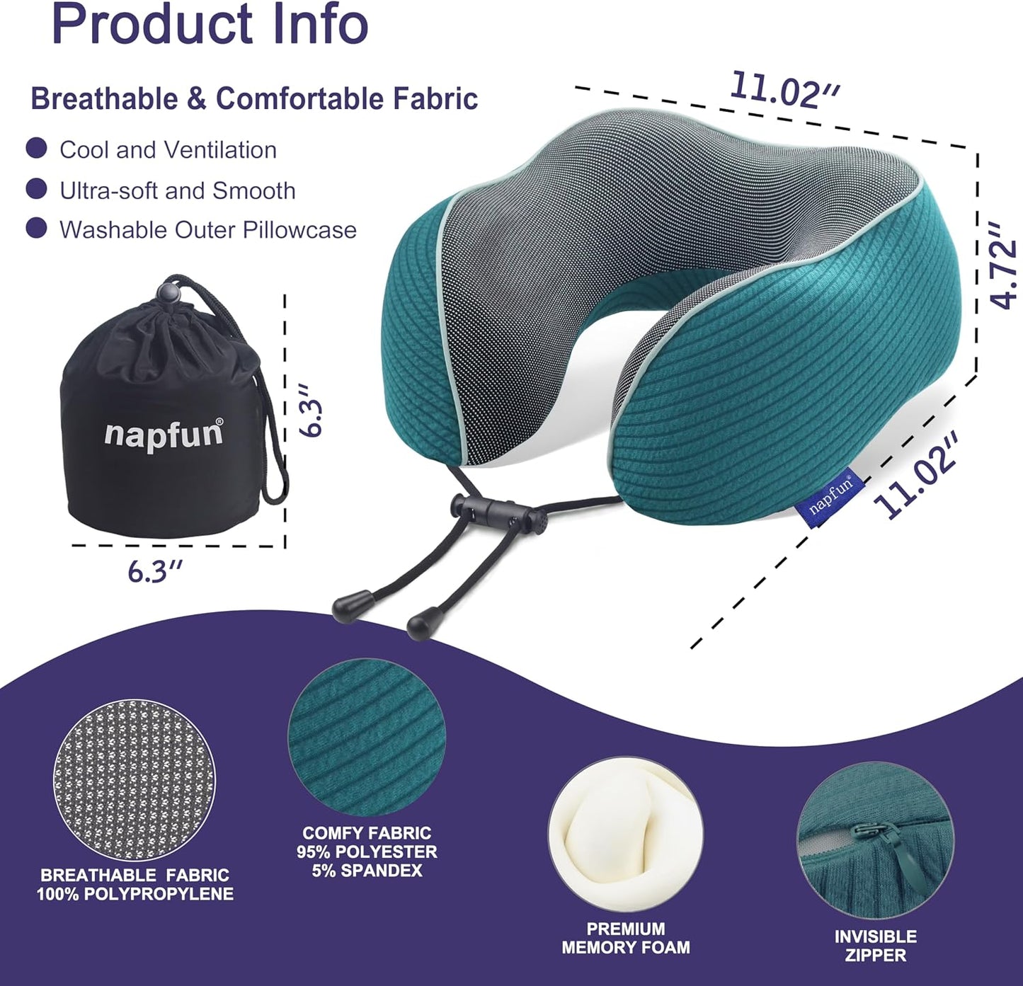 napfun Neck Pillow for Traveling, Upgraded Travel Neck Pillow for Airplane 100% Pure Memory Foam Travel Pillow for Flight Headrest Sleep, Portable Plane Accessories, Light Grey