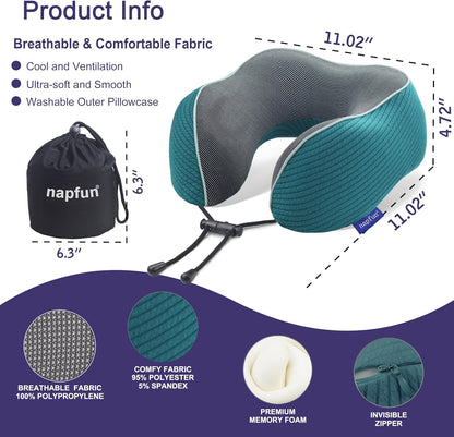 napfun Neck Pillow for Traveling, Upgraded Travel Neck Pillow for Airplane 100% Pure Memory Foam Travel Pillow for Flight Headrest Sleep, Portable Plane Accessories, Light Grey