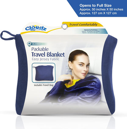 Cloudz Super Soft Jersey Airplane Travel Blanket for Your Flight, Car, Camping, Home or Comforting Warmth Anywhere! Large in Size at 50"x 50" and Includes a Bag! - Blue