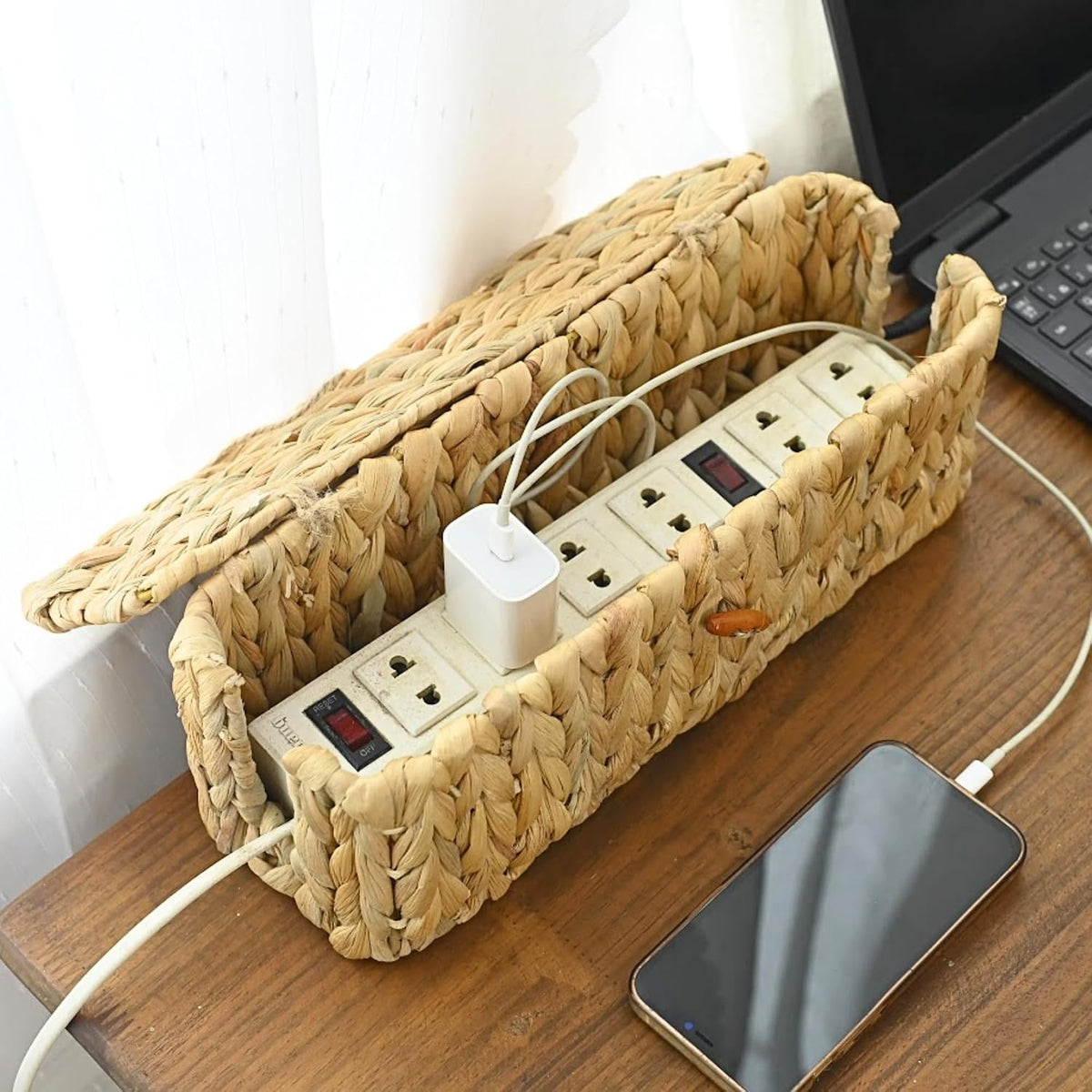 Wicker Cable Management Box Set of 2 with Lid, 15 in, Natural