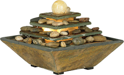 Pyramid 10" High Small Zen Modern Indoor Decor Slate Stone Tabletop Fountain with Light Waterfall Feng Shui Ball Rock Water Feature for Desk Relaxation Bedroom Living Room Countertop - John Timberland