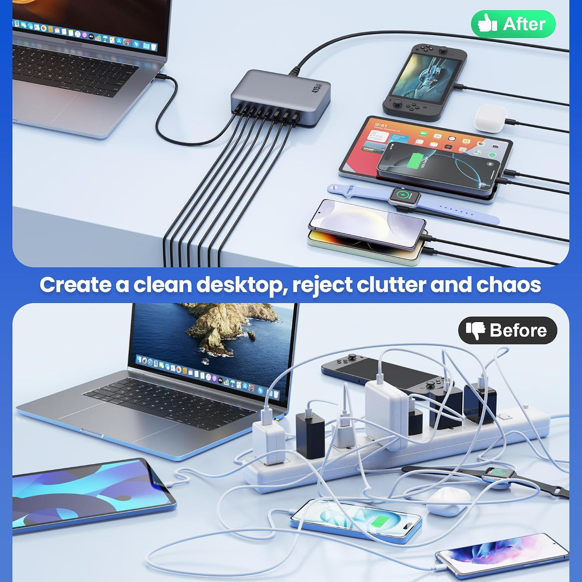 USB C Charger 200W USB C Charger Block,Upgraded GaN III 8-Port Fast Charging Station Hub,PD 65W Laptop Charging Adapter Compatible with MacBook Pro/Air,DELL,Steam Deck,iPhone 16/15/14,Galaxy S23/22