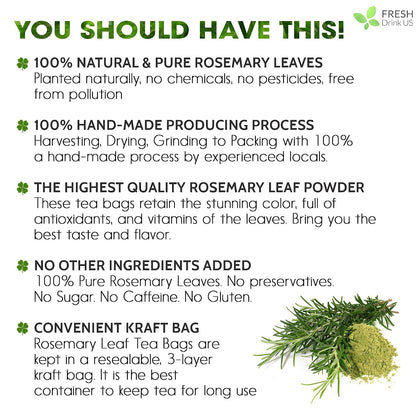 FRESHDRINKUS, 31 Rosemary Leaf Tea Bags, 100% Natural and Pure Rosemary Dried Leaves, Pure Herbal Tea, No Additives, No Caffeine, No Gluten, Vegan.
