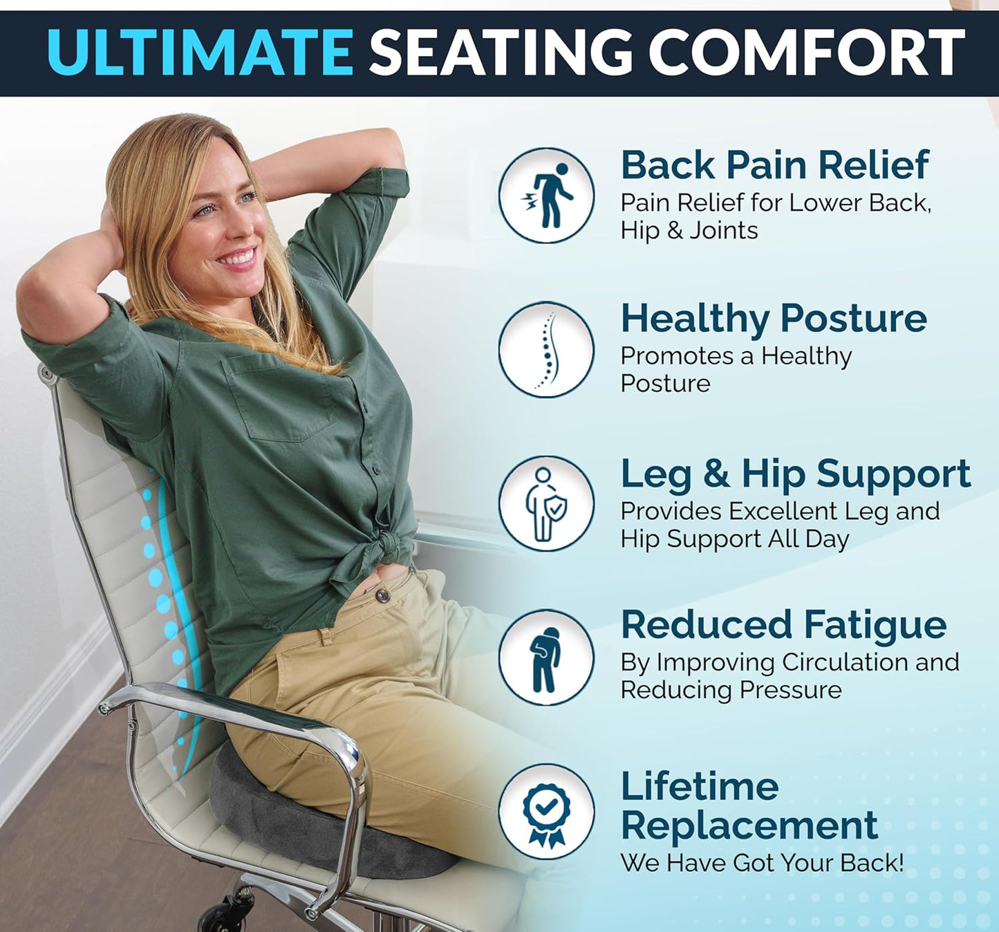 ComfiLife Gel Enhanced Seat Cushion – Office Chair Cushion – Non-Slip Gel & Memory Foam Coccyx Cushion for Tailbone Pain - Desk Chair Car Seat Cushion Driving - Sciatica & Back Pain Relief (Navy)
