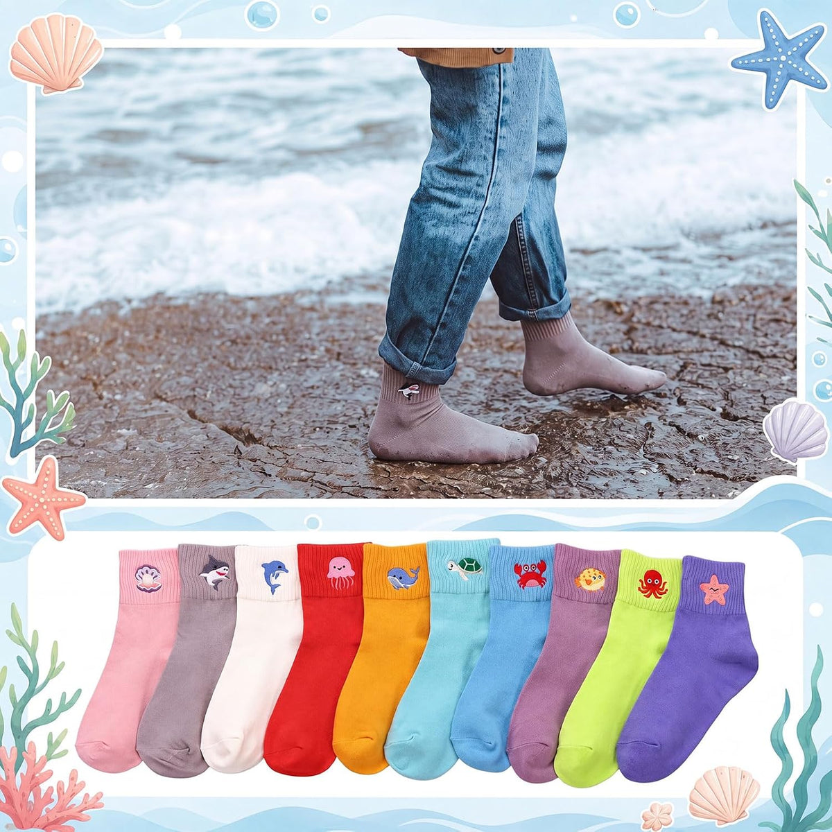 Eurzom 10 Pairs Socks Womens Crew Elastic Ankle Length Cotton Socks Aesthetic Cute Lightweight Low Cut Gifts for Women - Colors B