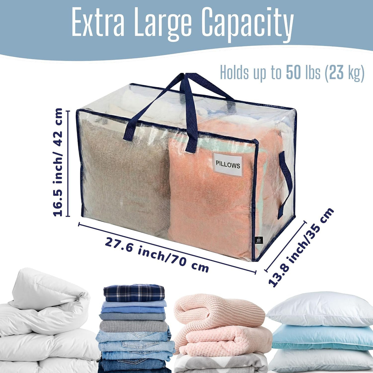 VENO Clear Extra Large Moving Bags & Storage Totes, Heavy Duty Organizer with Reinforced Handles & Strong Zippers for Clothes, College Dorm Essentials, Moving Supplies